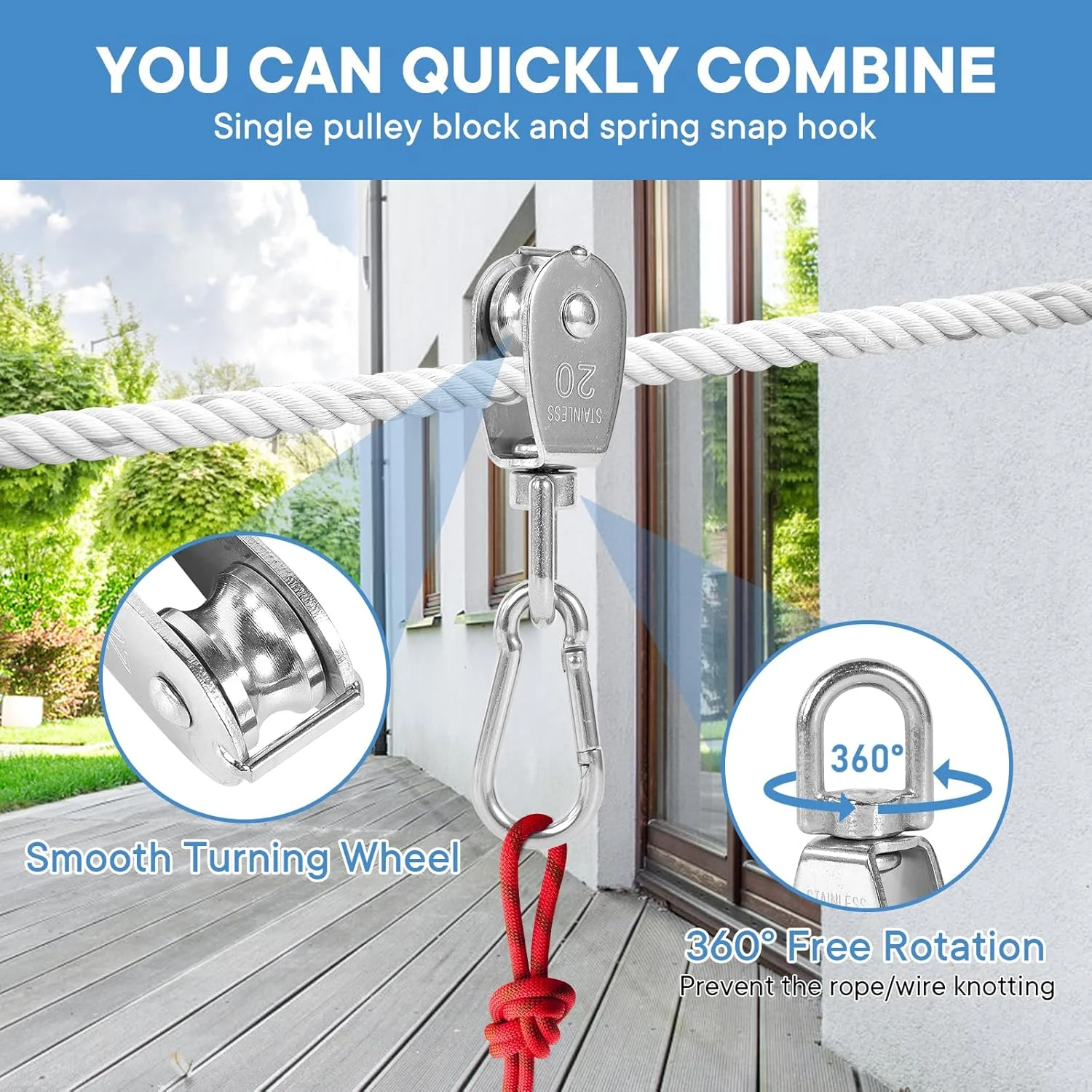 بسته 6 عددی قرقره تکی استیل 304 M20، چرخ بکسل سیم بکسل آویز، به همراه 6 عدد قلاب فنری