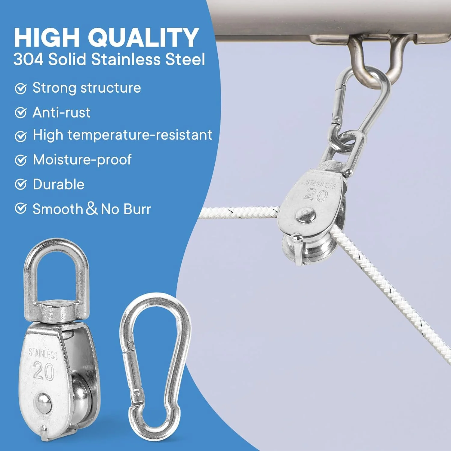 بسته 6 عددی قرقره تکی استیل 304 M20، چرخ بکسل سیم بکسل آویز، به همراه 6 عدد قلاب فنری