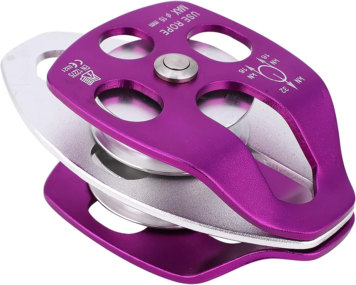 قرقره دوبل EN 12275، قرقره صعود، قرقره فرود برای صخره نوردی، کوهنوردی، کاوش در فضای باز، مهندسی (بنفش)