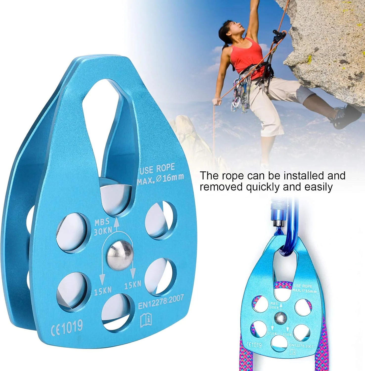 قرقره تک تسمه صعود، قرقره طناب آلومینیومی تک تسمه صفحه جانبی بزرگ برای کوهنوردی در فضای باز