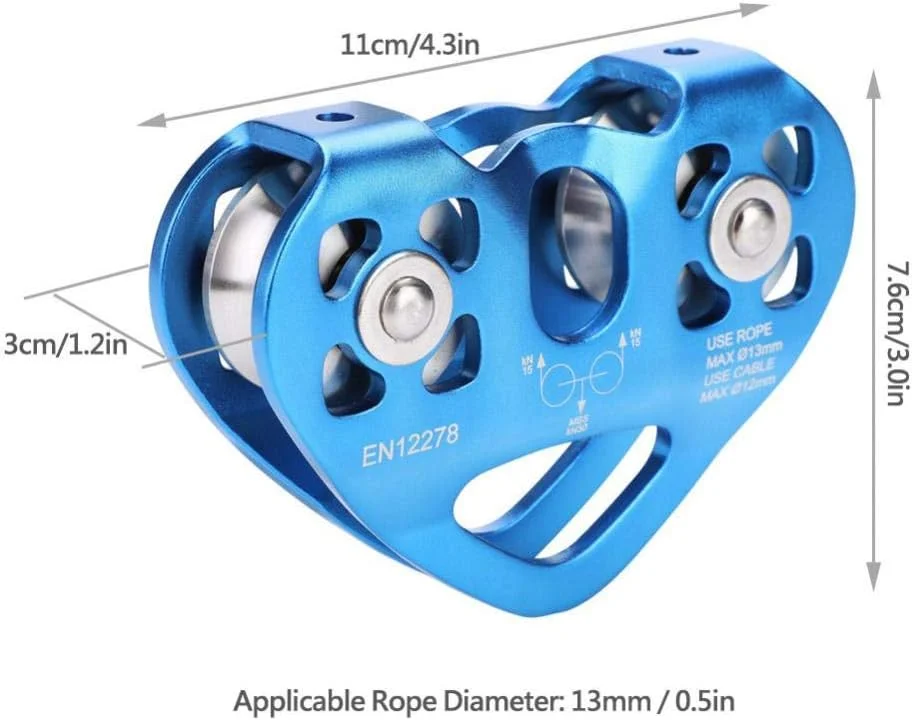 قرقره کوهنوردی 30KN قرقره دوتایی در فضای باز قرقره ترولی کابل نجات خط زیپ محور دوتایی سنگ نوردی