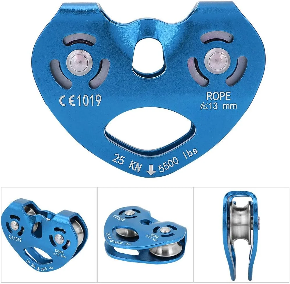 قرقره زیپ لاین صخره نوردی، قرقره دوتایی 25KN آلیاژ آلومینیوم سنگین، بلوک قرقره طناب چرخان تکی، تجهیزات ایمنی صخره نوردی (آبی)