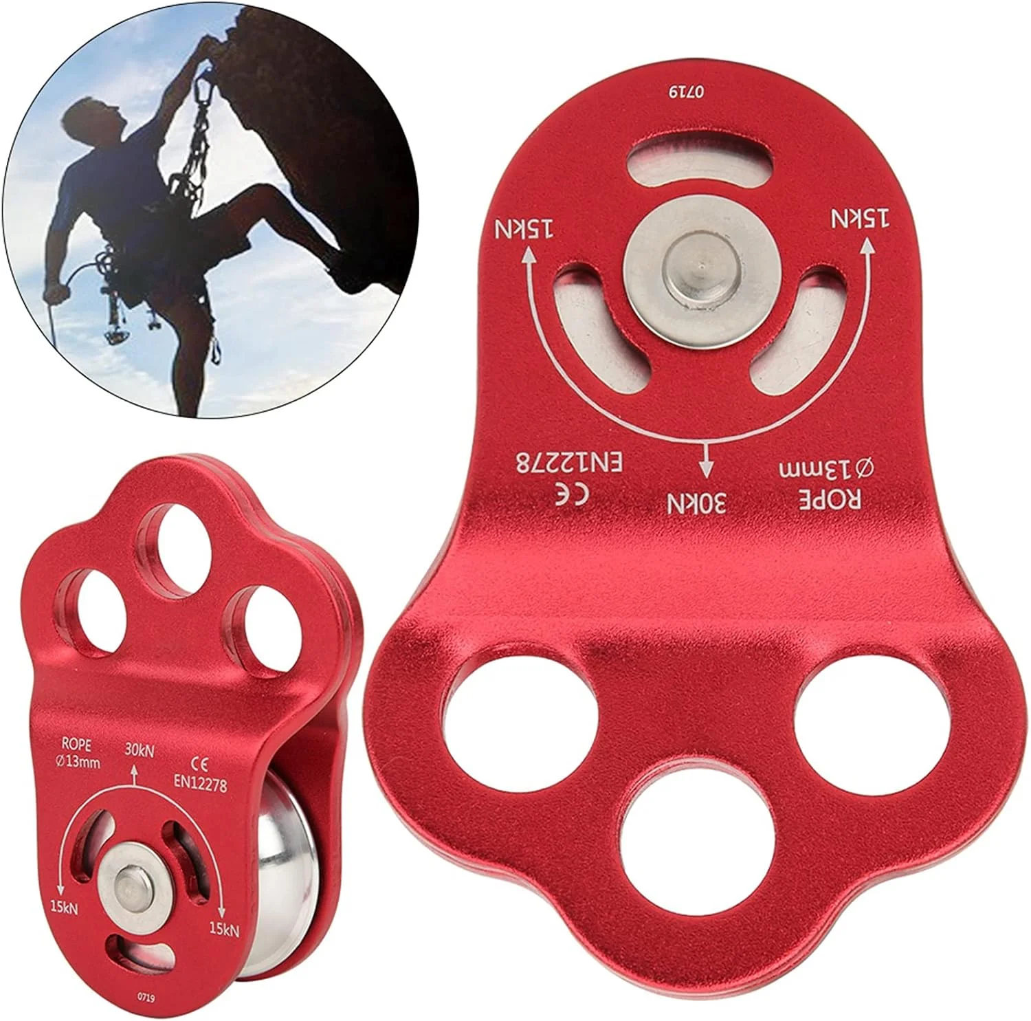 قرقره تک تسمه کوهنوردی 30KN، قرقره سه سوراخه کوهنوردی، قرقره بلبرینگ کوهنوردی برای صخره نوردی و فرود