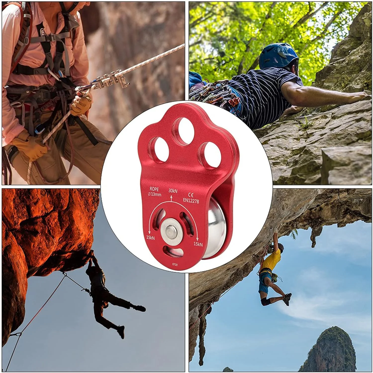 قرقره تک تسمه کوهنوردی 30KN، قرقره سه سوراخه کوهنوردی، قرقره بلبرینگ کوهنوردی برای صخره نوردی و فرود