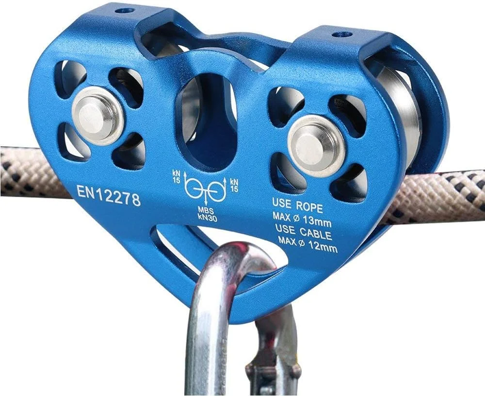 قرقره صعود، قرقره دوبل 30KN ترولی کابل نجات زیپ لاین تجهیزات صخره نوردی در فضای باز