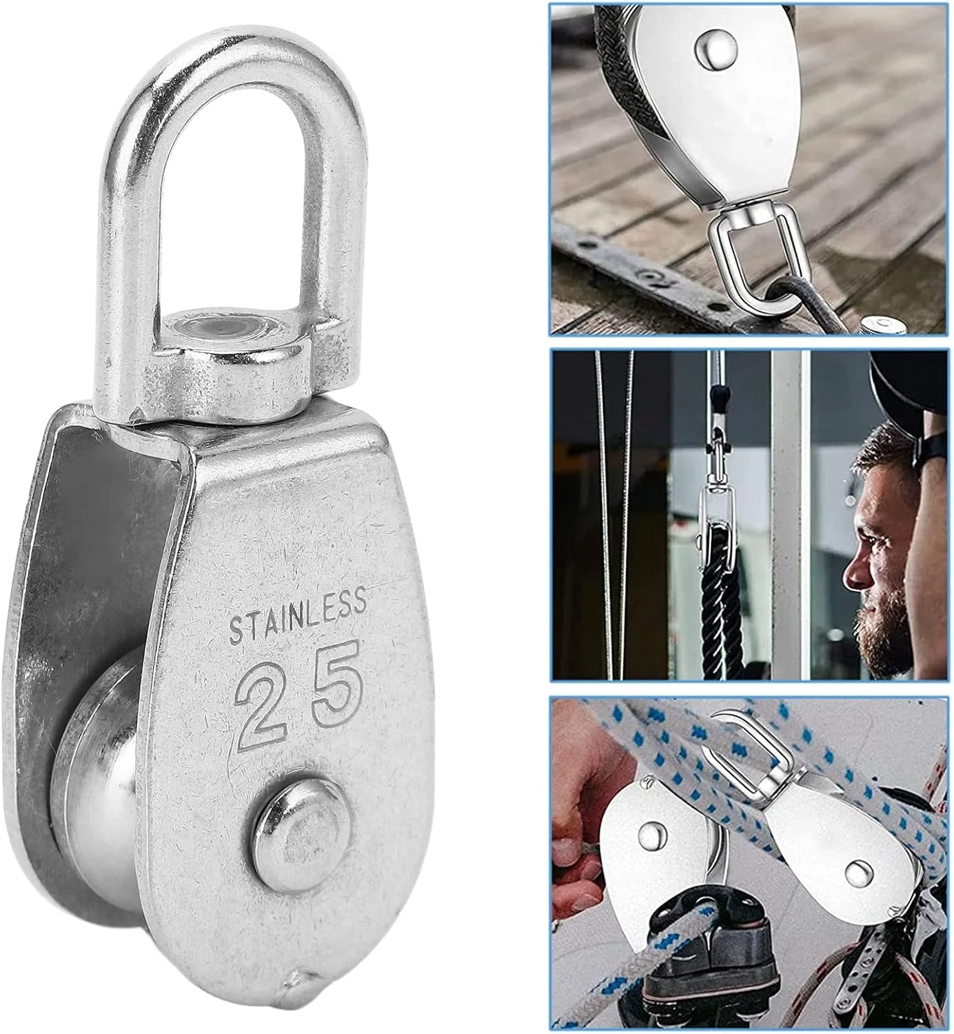 بلوک قرقره تکی M25، قرقره طناب لباس با ظرفیت باربری 50 کیلوگرم، 3 عدد استیل ضد زنگ با چرخش 360 درجه، غلتک قرقره برای بلند کردن و کشیدن