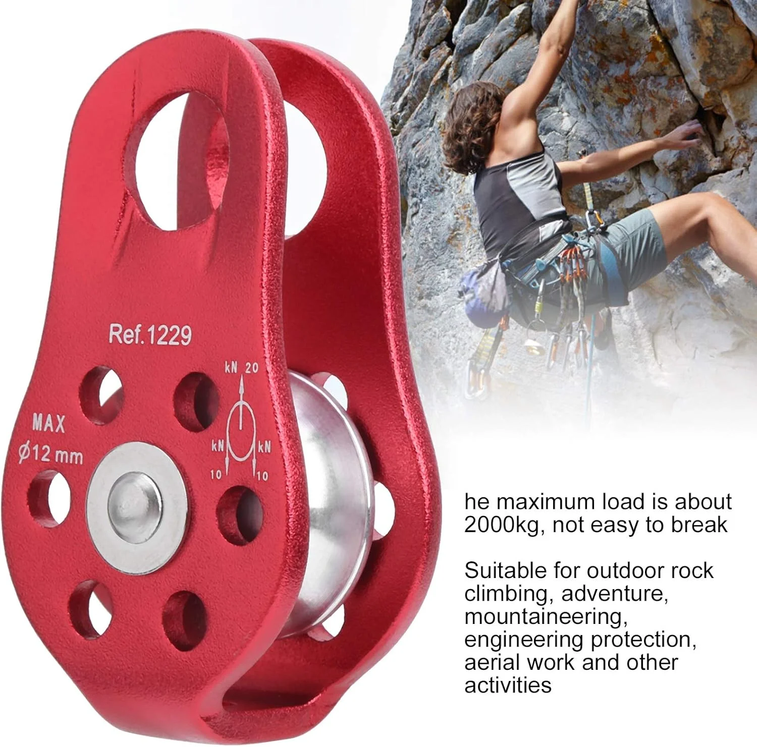 قرقره ثابت جانبی، قرقره کوچک کوهنوردی 20kN ابزار فضای باز قرقره طناب بالابر چرخ تکی گردان برای صخره نوردی/ماجراجویی/کوهنوردی در فضای باز (قرمز)