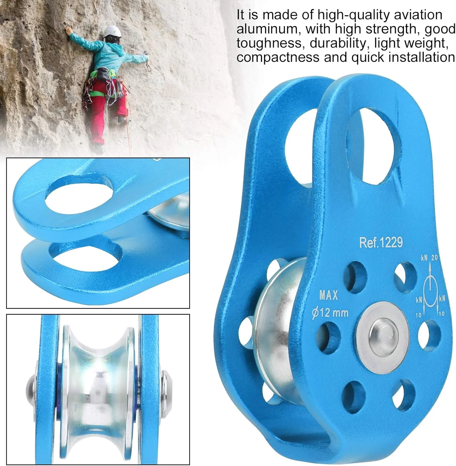 قرقره ثابت جانبی، قرقره کوچک کوهنوردی 20kN ابزار فضای باز قرقره طناب بالابر چرخ تکی گردان برای صخره نوردی در فضای باز/ماجراجویی/کوهنوردی (آبی)