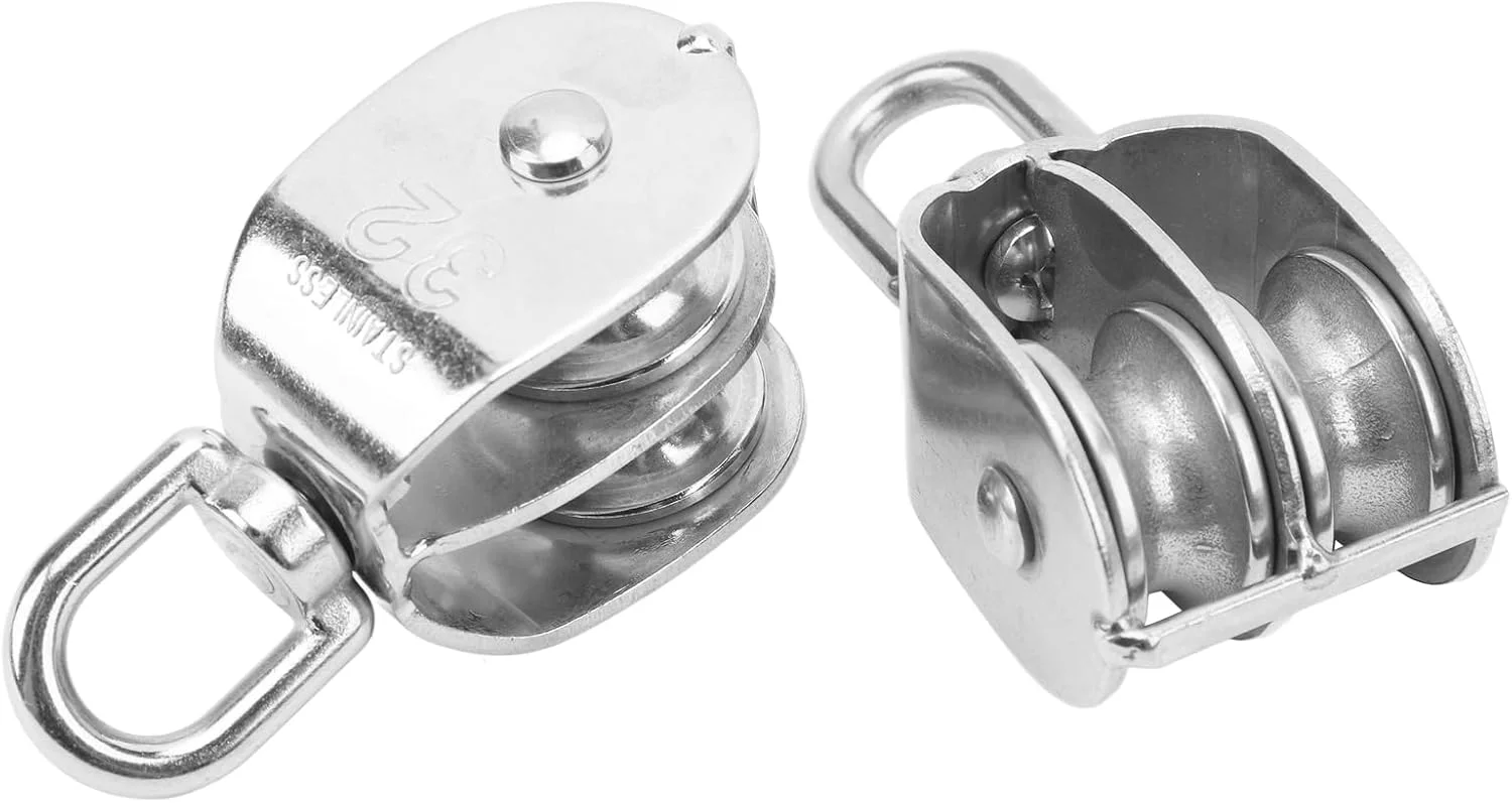 بلوک قرقره دوبل Yechiry M32، استیل ضد زنگ 304 با چرخش 360 درجه، قلاب جرثقیل سنگین، قرقره غلتکی دوبل، بسته 2 عددی برای سیستم قرقره برای بلند کردن کایاک