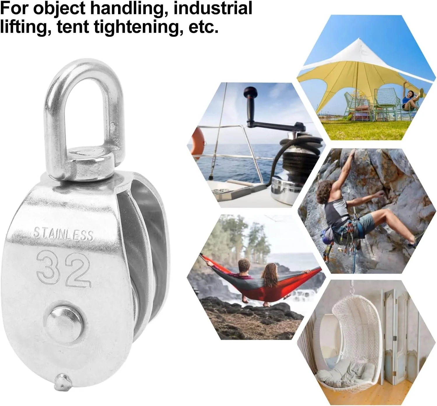بلوک قرقره دوبل Yechiry M32، استیل ضد زنگ 304 با چرخش 360 درجه، قلاب جرثقیل سنگین، قرقره غلتکی دوبل، بسته 2 عددی برای سیستم قرقره برای بلند کردن کایاک