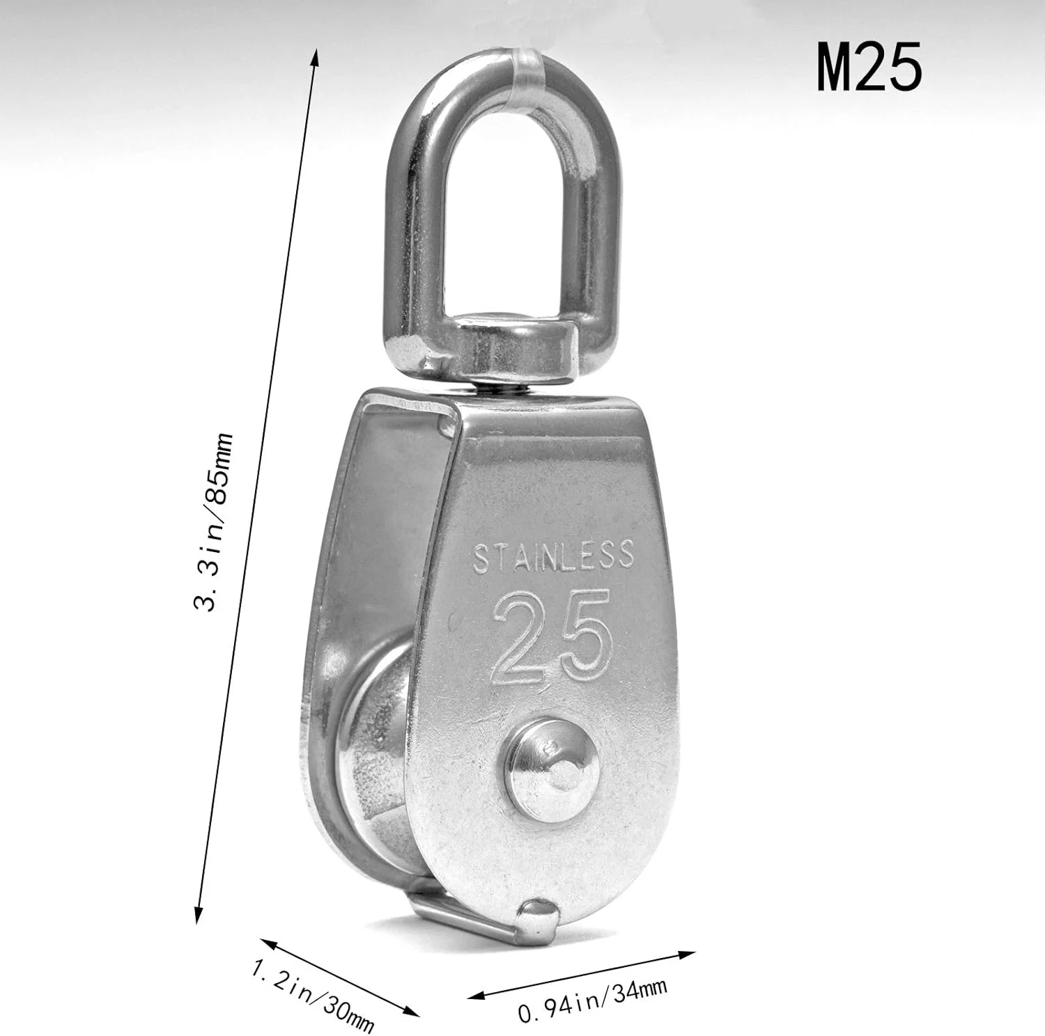 قرقره DTXLX، بلوک قرقره استیل ضد زنگ 304، قرقره با سگک چرخان، برای کشش سیم بکسل و طناب نایلونی و غیره، ظرفیت بار ایمن تا 150 کیلوگرم، 2 عدد M25