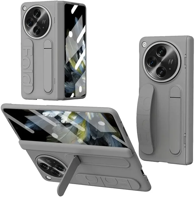 کاور محافظ گوشی Gruattreay سازگار با OnePlus Open، [محافظ صفحه نمایش HD داخلی] کاور محافظ PC ضد ضربه با بند مچی سیلیکونی الاستیک و پایه نگهدارنده (خاکستری)