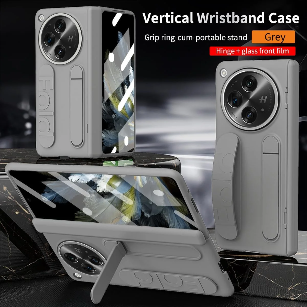 کاور محافظ گوشی Gruattreay سازگار با OnePlus Open، [محافظ صفحه نمایش HD داخلی] کاور محافظ PC ضد ضربه با بند مچی سیلیکونی الاستیک و پایه نگهدارنده (خاکستری)