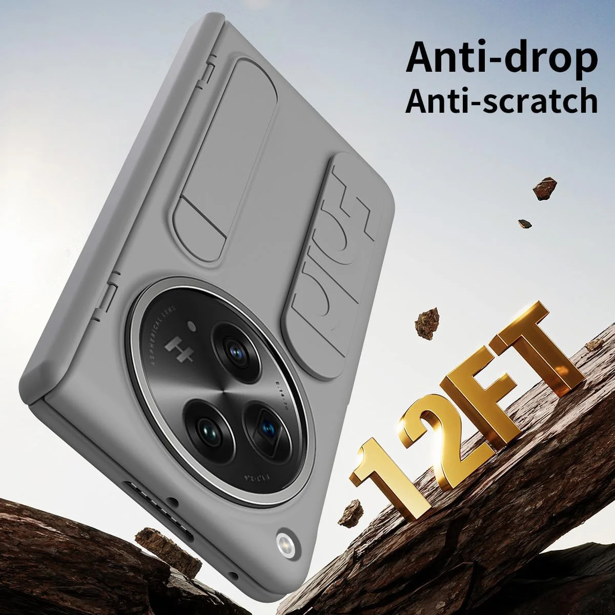 کاور محافظ گوشی Gruattreay سازگار با OnePlus Open، [محافظ صفحه نمایش HD داخلی] کاور محافظ PC ضد ضربه با بند مچی سیلیکونی الاستیک و پایه نگهدارنده (خاکستری)