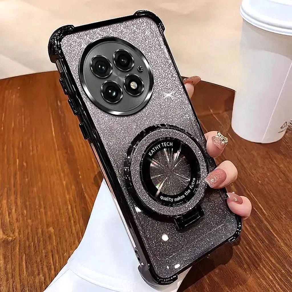 قاب گوشی برای وان پلاس 13، [محافظ کامل لنز دوربین]، [پایه مغناطیسی اکلیلی]، کاور براق و درخشان گرادیانی وان پلاس 13، قاب گوشی شیک و ضد ضربه برای خانم ها و دختران، مشکی