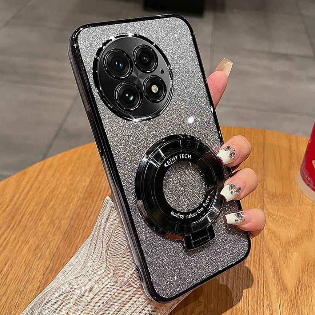 قاب گوشی برای وان پلاس 13، [محافظ کامل لنز دوربین]، [پایه مغناطیسی اکلیلی]، کاور براق و درخشان گرادیانی وان پلاس 13، قاب گوشی شیک و ضد ضربه برای خانم ها و دختران، مشکی