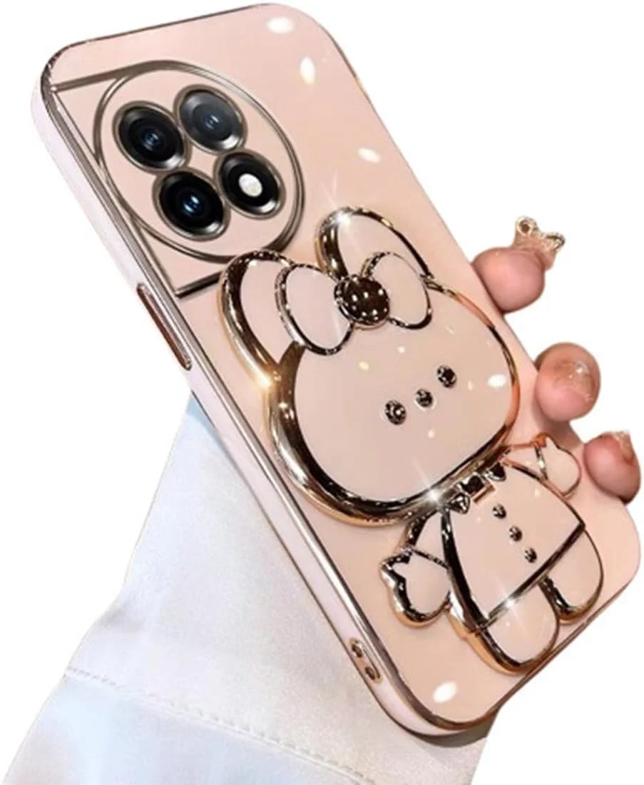قاب گوشی Aulzaju برای وان پلاس 13R با پایه آینه خرگوش پنهان بامزه، قاب گوشی وان پلاس 13R دخترانه با روکش براق، ضربه گیر سیلیکونی نرم با براکت تاشو برای وان پلاس 13R برای دختران و زنان صورتی