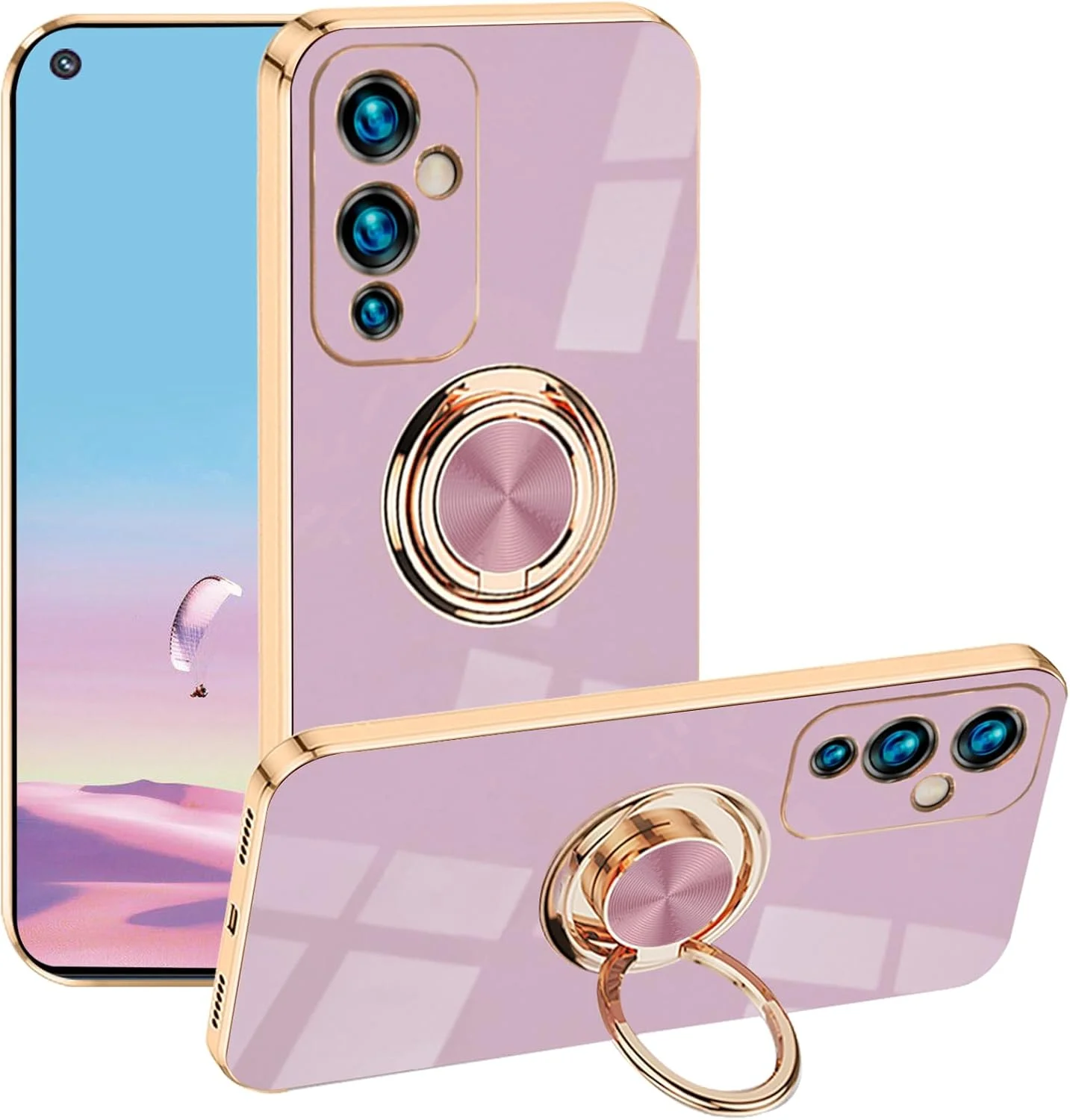 قاب محافظ گوشی وان پلاس 9 با حلقه نگهدارنده، صورتی، قاب سیلیکونی نرم و باریک ضد ضربه با پایه (بنفش)