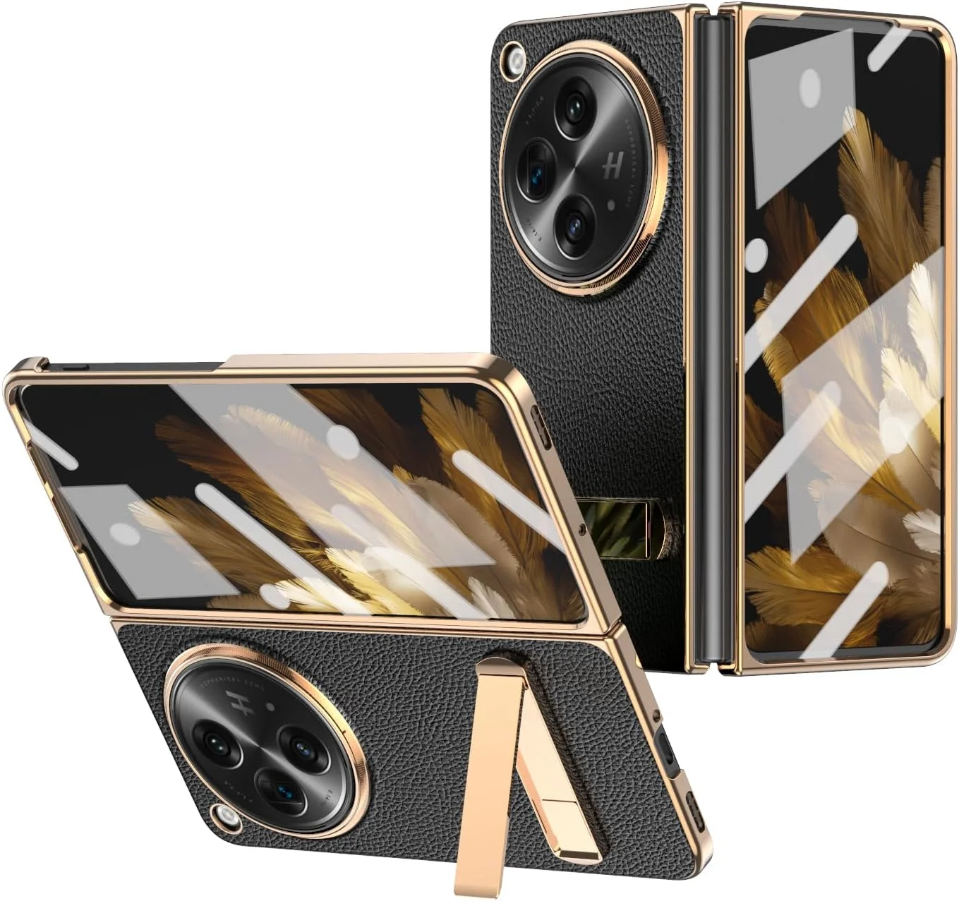 قاب گوشی مناسب برای وان پلاس اوپن/اوپو فایند N3، چرم اعلا لوکس، محافظت کامل بدنه، محافظ صفحه نمایش داخلی، پایه نگهدارنده مقاوم در برابر سقوط (مشکی)