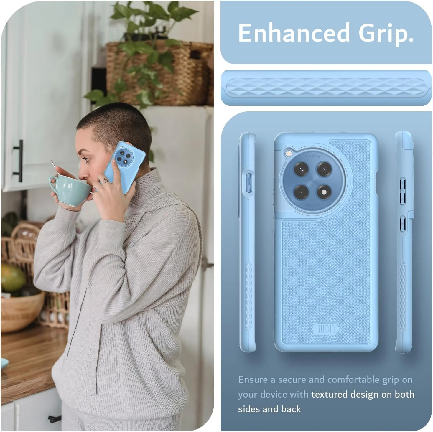 کاور محافظ دوگانه TUDIA مدل DualShield Grip مناسب برای گوشی OnePlus 12R 5G (سال 2024)، [MergeGrip] کاور محافظ باریک، بادوام و مقاوم در برابر ضربه با لایه دوگانه - آبی خلیجی