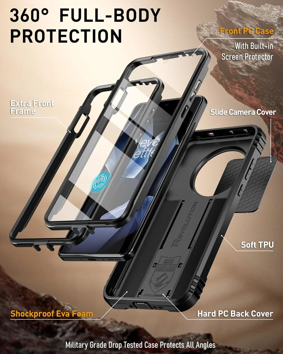 قاب محافظ مدل Revolution برای گوشی وان پلاس 13 5G، دارای پوشش دوربین، محافظ صفحه نمایش داخلی، سازگار با اثر انگشت، دارای 2 فریم جلویی، قاب محافظ ضد ضربه و مقاوم با پایه - مشکی قاب محافظ مدل Revolution برای گوشی وان پلاس 13 5G، دارای پوشش دوربین، محافظ صفحه نمایش داخلی، سازگار با اثر انگشت، دارای 2 فریم جلویی، قاب محافظ ضد ضربه و مقاوم با پایه - مشکی