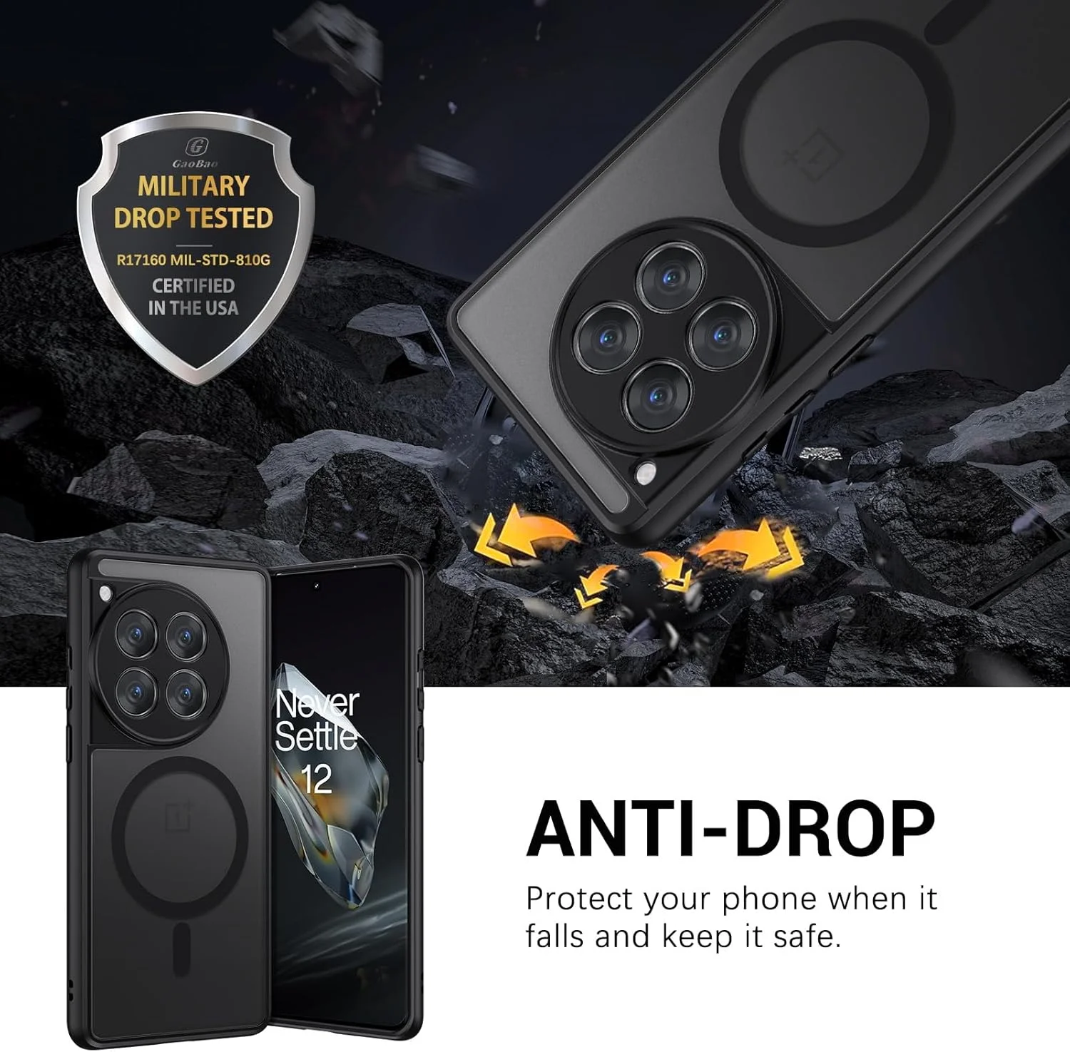 قاب محافظ گوشی GaoBao سازگار با OnePlus 12، [سازگار با MagSafe] [مقاوم در برابر سقوط در سطح نظامی] باریک، ضد ضربه، پشت مات نیمه شفاف، ضد خش، محافظ برای OnePlus 12 5G، 6.82 اینچ، مشکی