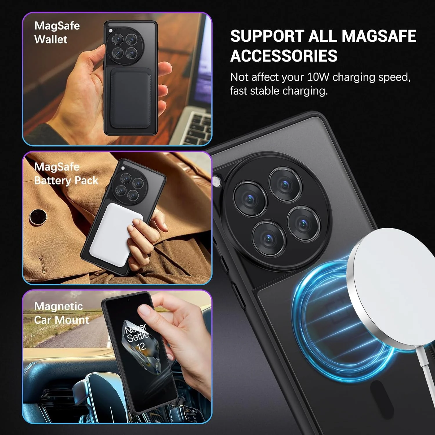 قاب محافظ گوشی GaoBao سازگار با OnePlus 12، [سازگار با MagSafe] [مقاوم در برابر سقوط در سطح نظامی] باریک، ضد ضربه، پشت مات نیمه شفاف، ضد خش، محافظ برای OnePlus 12 5G، 6.82 اینچ، مشکی