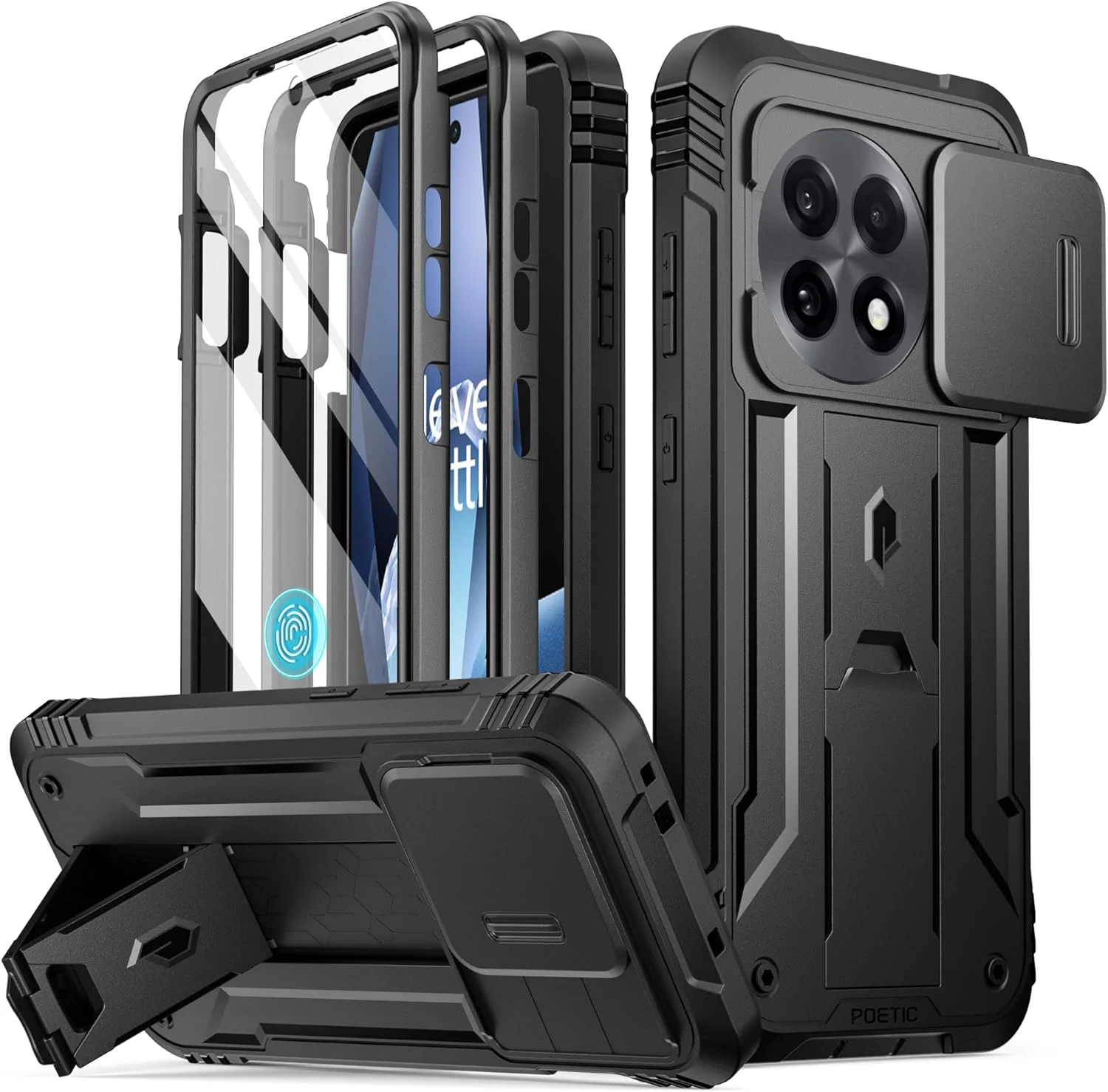 محافظ گوشی POETIC Revolution مناسب برای OnePlus 13R 5G، [دارای پوشش کشویی دوربین]، محافظ صفحه نمایش داخلی [سازگار با اثر انگشت]، [دو فریم جلویی] محافظ کامل بدنه ضد ضربه با پایه نگهدارنده - مشکی