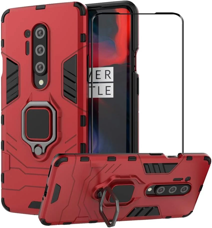 کاور محافظ گوشی وان پلاس 8 پرو به همراه محافظ صفحه نمایش شیشه ای، کاور مقاوم در برابر ضربه و دارای پایه، رنگ قرمز