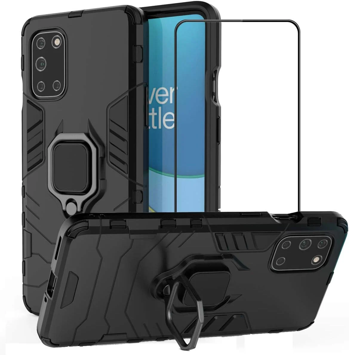 کاور محافظ گوشی وان پلاس 8T به همراه محافظ صفحه نمایش شیشه ای حرارت دیده، کاور زرهی ضد ضربه و مقاوم با پایه نگهدارنده، مشکی