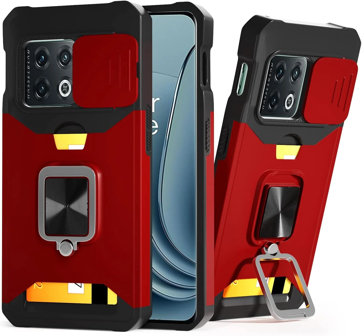 قاب گوشی Lokyoo برای OnePlus 10 Pro با پوشش دوربین و استند، پوشش کشویی لنز + استند حلقه ای چرخان 360 درجه داخلی، سبک زرهی، مقاوم در برابر ضربه، محافظت کامل برای OnePlus 10 Pro - قرمز