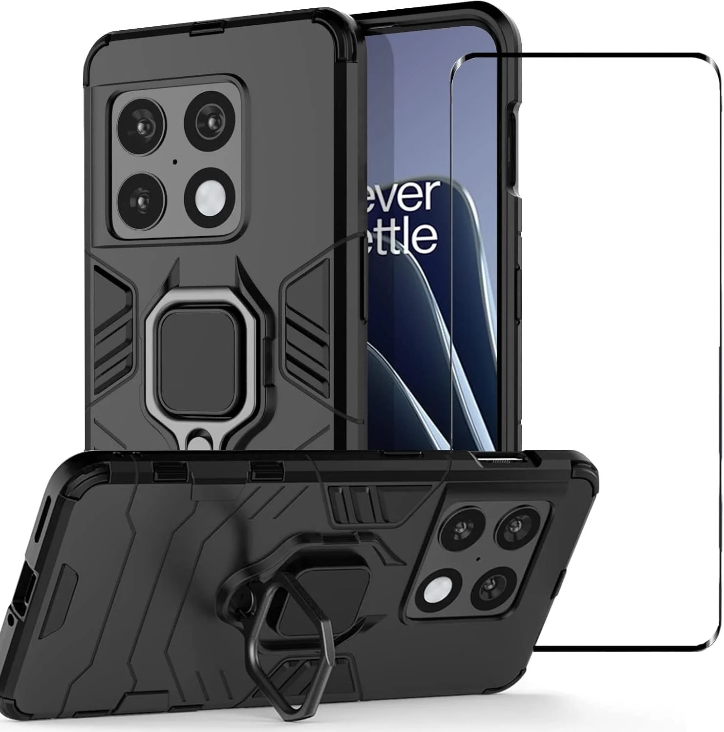 کاور محافظ گوشی وان پلاس 10 پرو مدل NA با استند چرخشی، حلقه نگهدارنده و صفحه مغناطیسی برای هولدر ماشین، محافظت استاندارد، کاور چند منظوره گوشی برای 1+10 پرو به همراه محافظ صفحه نمایش (مشکی)