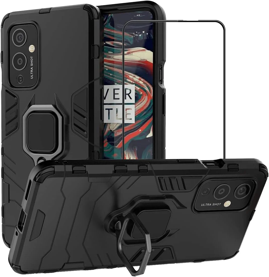 کاور محافظ گوشی وان پلاس 9 به همراه محافظ صفحه نمایش شیشه ای، کاور مقاوم در برابر ضربه و ضد شوک با پایه نگهدارنده، مشکی