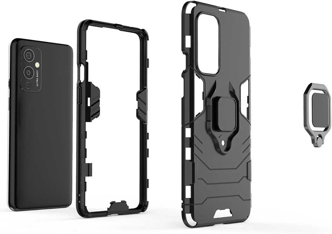 کاور محافظ گوشی وان پلاس 9 به همراه محافظ صفحه نمایش شیشه ای، کاور مقاوم در برابر ضربه و ضد شوک با پایه نگهدارنده، مشکی