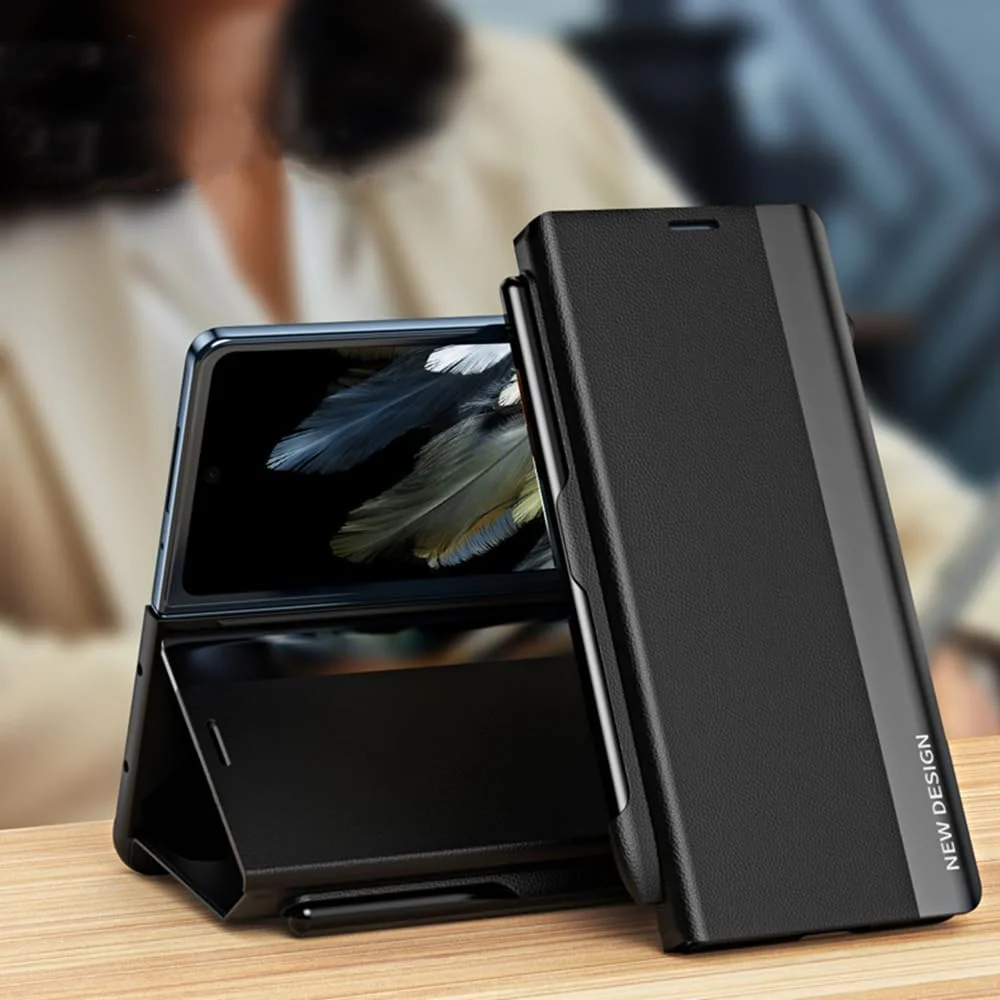 کاور محافظ چرمی PU تاشو Gruattreay سازگار با گوشی های Oneplus Open/OPPO Find N3 به همراه قلم لمسی و جای قلم، پوشش کامل بدنه و دارای پایه تاشو (مشکی)