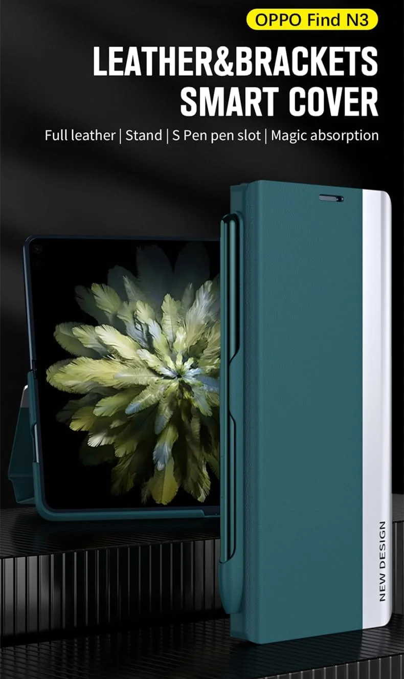 کاور محافظ چرمی PU تاشو Gruattreay سازگار با گوشی های Oneplus Open/OPPO Find N3 به همراه قلم لمسی و جای قلم، پوشش کامل بدنه و دارای پایه تاشو (مشکی)