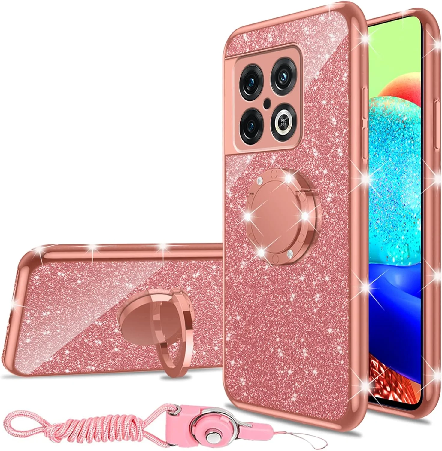 قاب گوشی نانچنگ مناسب برای وان پلاس 10 پرو 5G، دخترانه، فانتزی، براق، سیلیکونی نرم و شفاف، دارای حلقه استند، پوشش محافظ ضد ضربه - رزگلد