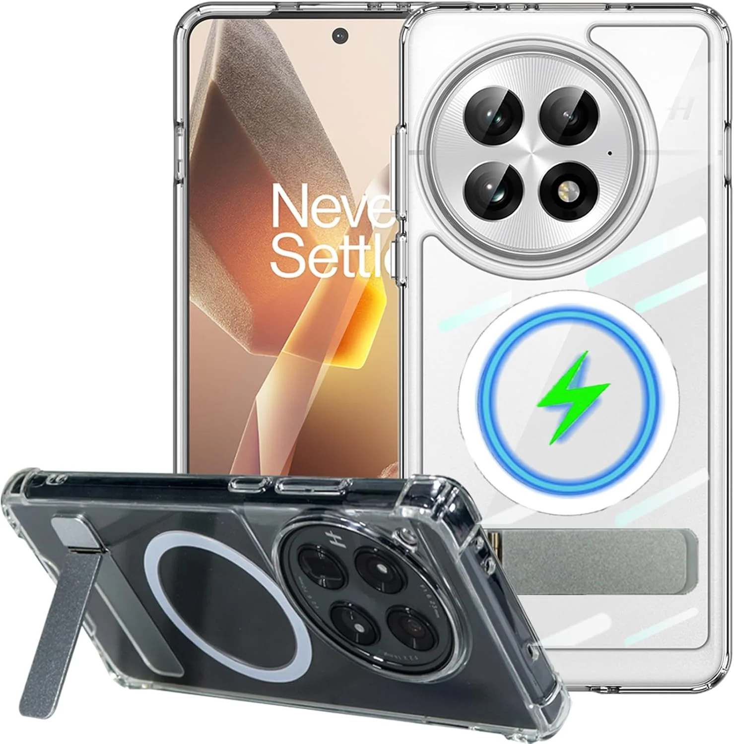 قاب محافظ شفاف برای وان پلاس 13 سازگار با MagSafe، دارای پایه فلزی تاشو و آهنربای قوی، محافظت نظامی با فریم ضخیم، پوشش ضد زردی برای وان پلاس 13