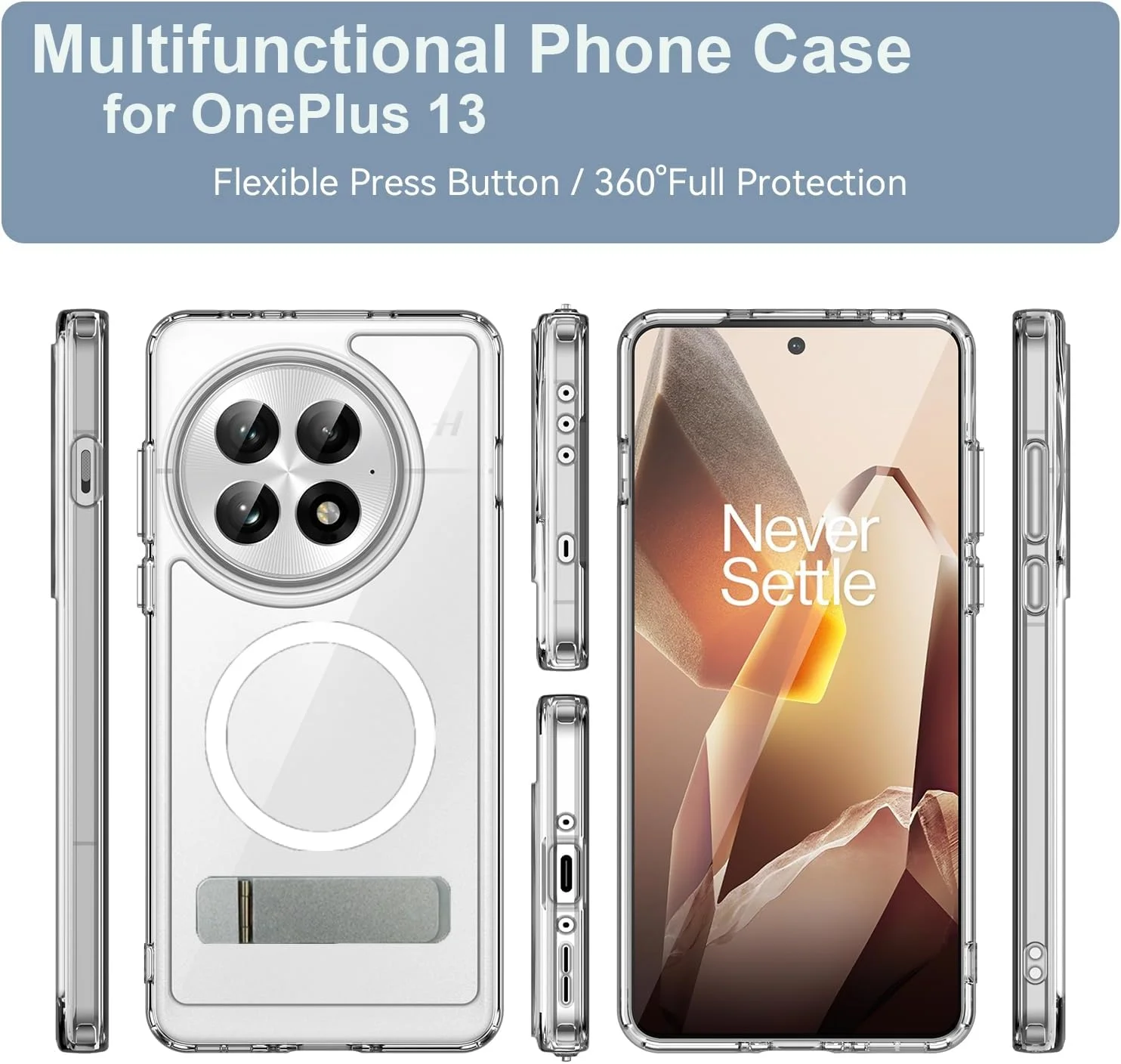 قاب محافظ شفاف برای وان پلاس 13 سازگار با MagSafe، دارای پایه فلزی تاشو و آهنربای قوی، محافظت نظامی با فریم ضخیم، پوشش ضد زردی برای وان پلاس 13