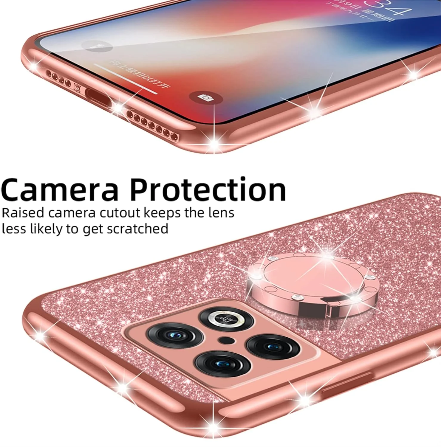 قاب گوشی نانچنگ مناسب برای وان پلاس 10 پرو 5G، دخترانه، فانتزی، براق، سیلیکونی نرم و شفاف، دارای حلقه استند، پوشش محافظ ضد ضربه - رزگلد