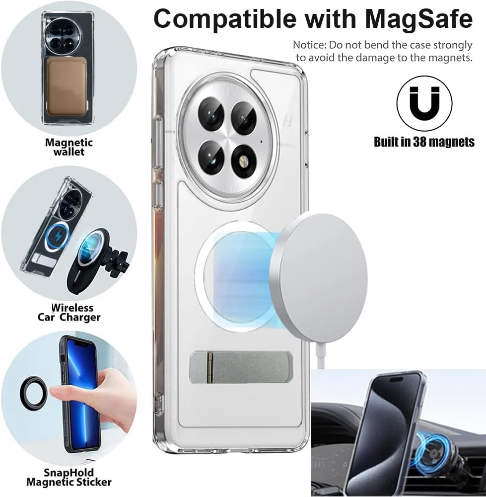 قاب محافظ شفاف برای وان پلاس 13 سازگار با MagSafe، دارای پایه فلزی تاشو و آهنربای قوی، محافظت نظامی با فریم ضخیم، پوشش ضد زردی برای وان پلاس 13