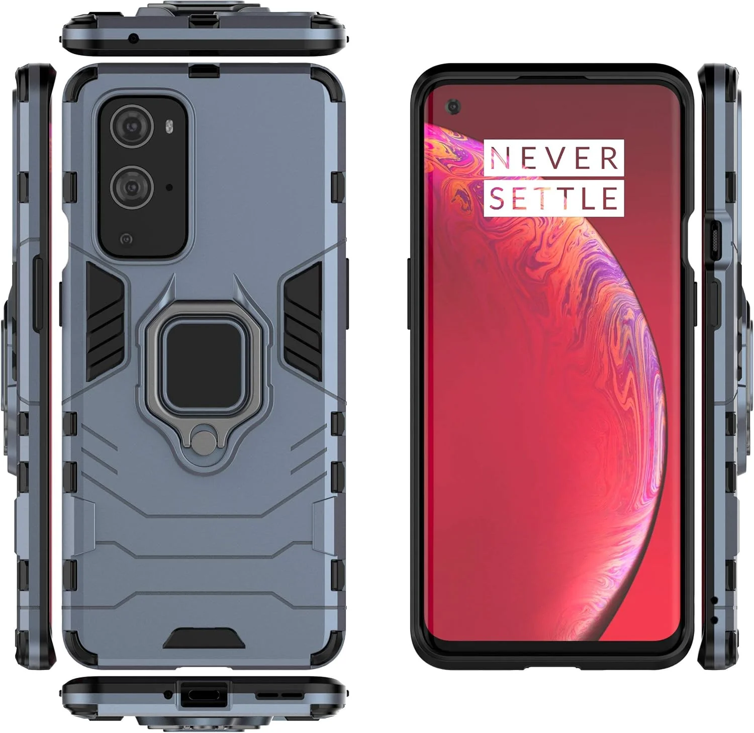 قاب محافظ گوشی وان پلاس 9 پرو، قاب زرهی مقاوم در برابر ضربه با پایه تاشو، رنگ سرمه ای