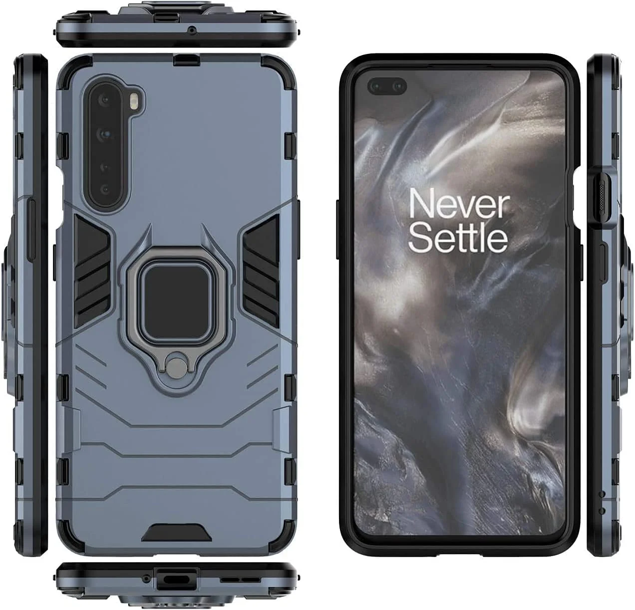 قاب محافظ دو لایه مقاوم با استند حلقه ای فلزی مناسب برای گوشی های OnePlus Nord و OnePlus Z (آبی تیره) (سازگار با هولدر مغناطیسی ماشین)