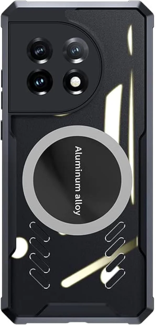 قاب محافظ گوشی وان پلاس 11، با پایه نگهدارنده مغناطیسی قوی خودرو و کیسه هوای چهار گوشه، پوشش باریک دفع حرارت گرافن درجه نظامی ضد سقوط برای 1 + 11 (مشکی)