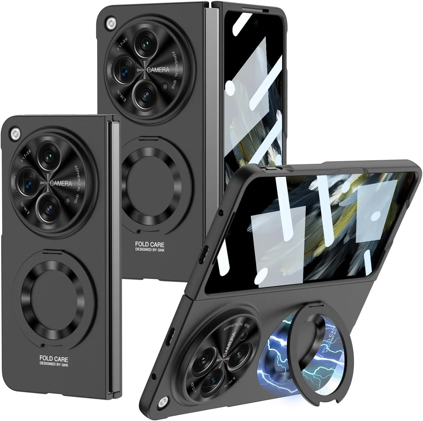 کاور مغناطیسی سازگار با اوپو فایند N3/وان پلاس اوپن به همراه محافظ صفحه نمایش، استند مغناطیسی، کاور سخت PC مقاوم در برابر ضربه و محافظ کامل بدنه گوشی (مشکی)