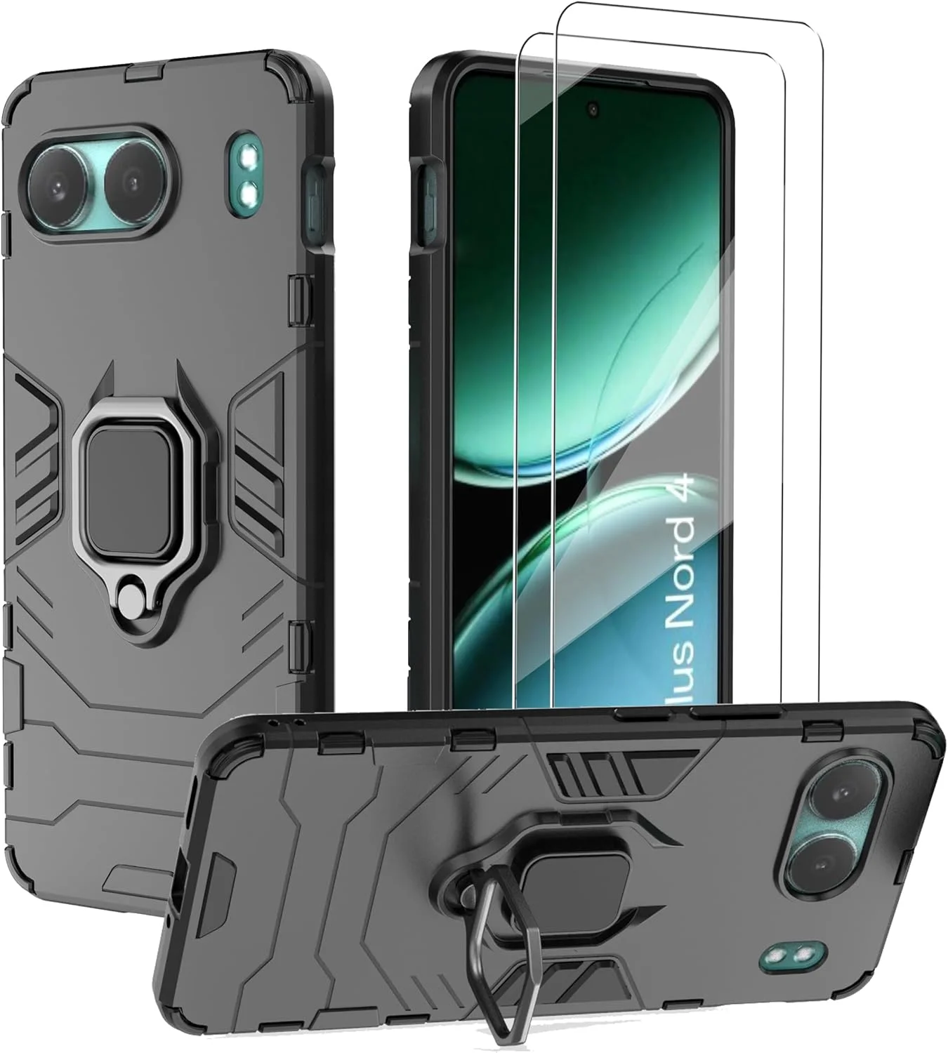 کاور محافظ گوشی وان پلاس نورد 4 5G به همراه محافظ صفحه نمایش شیشه ای [2 عدد]، کاور محافظ دو لایه مقاوم در برابر ضربه با پایه حلقه مغناطیسی - مشکی