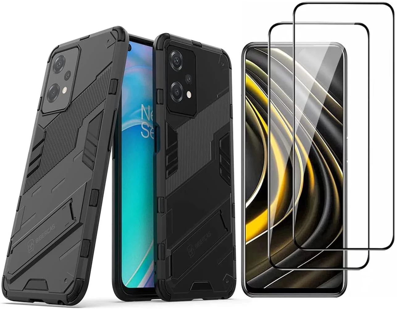 قاب محافظ [1+2] برای گوشی وان پلاس نورد CE 2 Lite 5G به همراه محافظ صفحه نمایش شیشه ای حرارت دیده، قاب باریک TPU با پایه استند، ضد ضربه (مشکی)