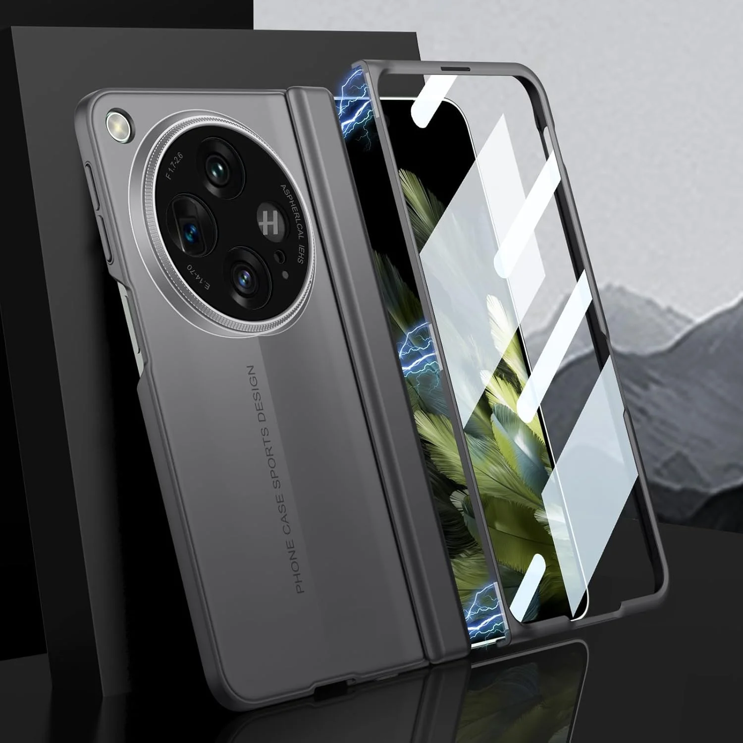 قاب محافظ گوشی Gruattreay مناسب برای اوپو فایند N3 / وان پلاس اوپن، قاب گوشی ضد ضربه الکتروپلیت شده مات با محافظ صفحه نمایش جلو و محافظ لولا، پوشش محافظ کامل فوق العاده نازک (خاکستری)