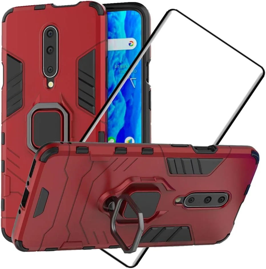 کاور محافظ گوشی وان پلاس 7 پرو به همراه محافظ صفحه نمایش شیشه ای، کاور محافظ ضد ضربه و مقاوم با پایه تاشو، قرمز کاور محافظ گوشی وان پلاس 7 پرو به همراه محافظ صفحه نمایش شیشه ای، کاور محافظ ضد ضربه و مقاوم با پایه تاشو، قرمز