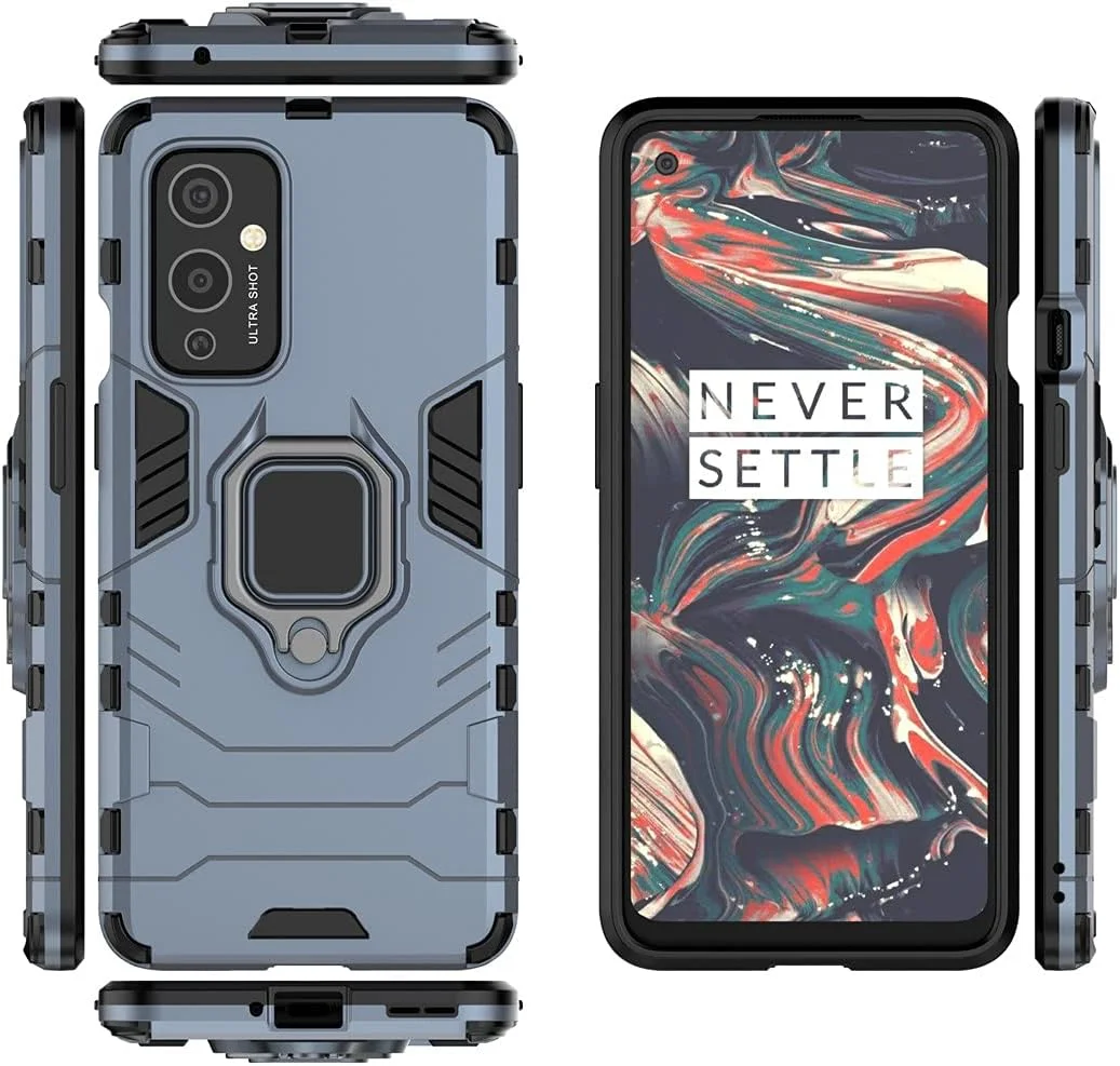 قاب محافظ گوشی موبایل میجین سازگار با وان پلاس 9 5G، با حلقه فلزی، استند و ضربه گیر (سازگار با هولدر مغناطیسی خودرو)، دو لایه و مقاوم (آبی تیره)